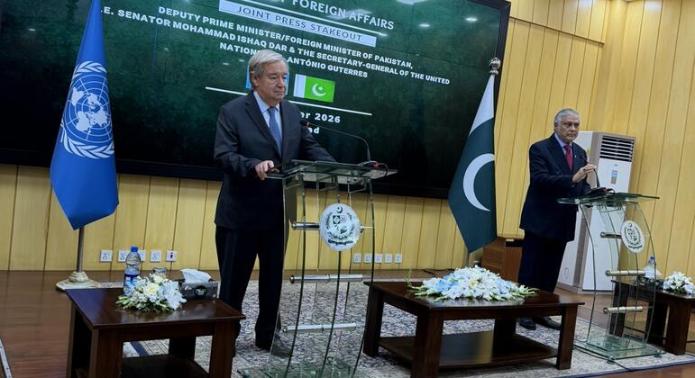 UN Secretary-General and Pakistan's Deputy PM hold a joint press conference at the Ministry of Foreign Affairs in Pakistan's capital city Islamabad on Tuesday at the start of UN Chief's two-day visit to Pakistan.
